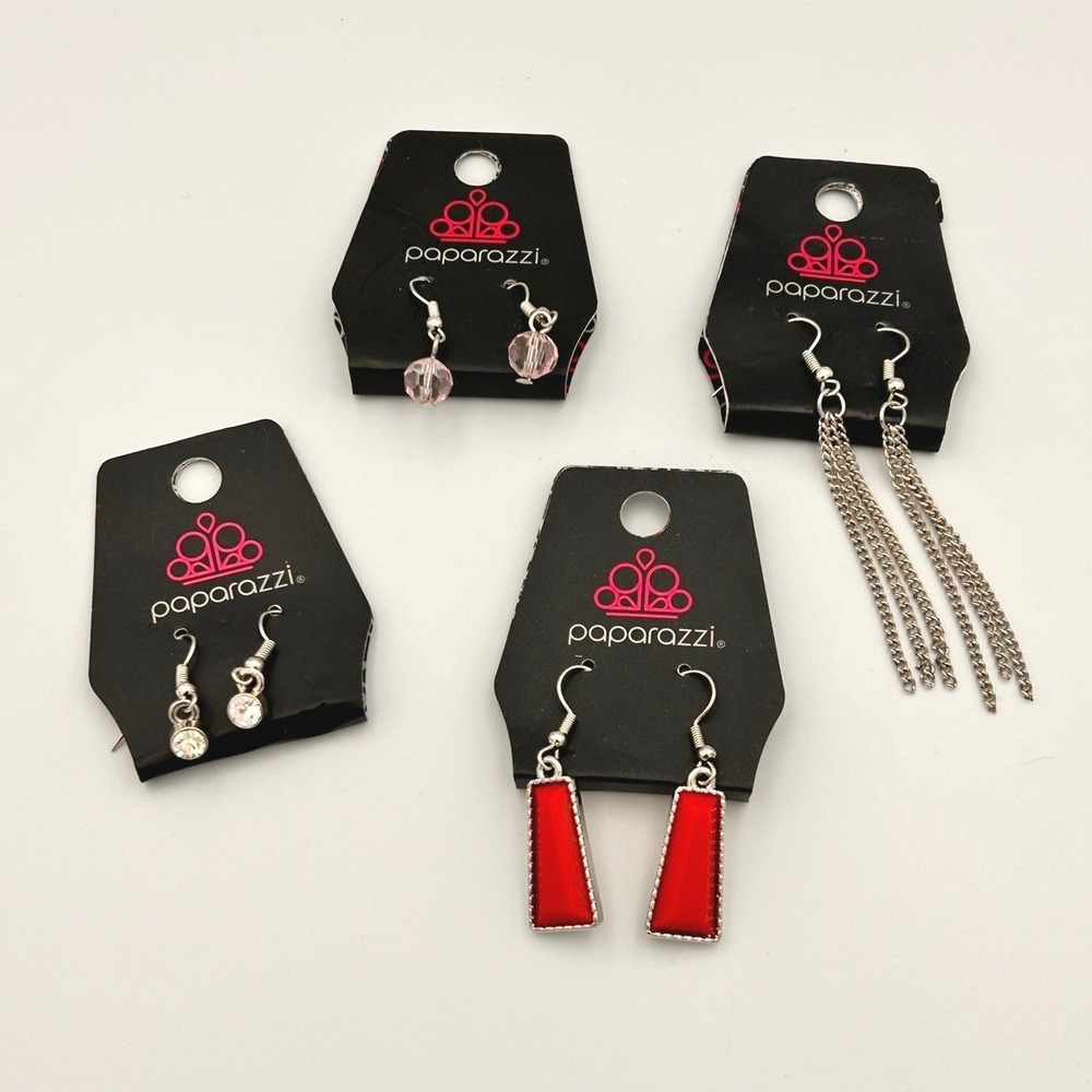 Paparazzi Earrings Bundle 4 Pairs Red Drop Silver Chain Pink Bead Rhinestone NEW